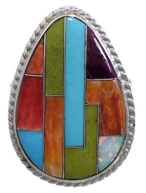 Multicolor Inlay Southwestern Silver Ring Size 8-1/2 EX50755